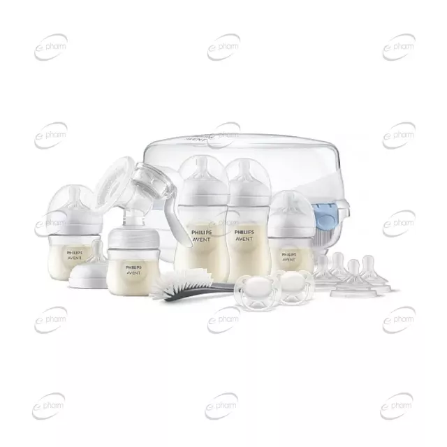 AVENT Комплект за кърмене с ръчна помпа Natural Motion със стерилизатор, шишета, залъгалка, биберони и четка