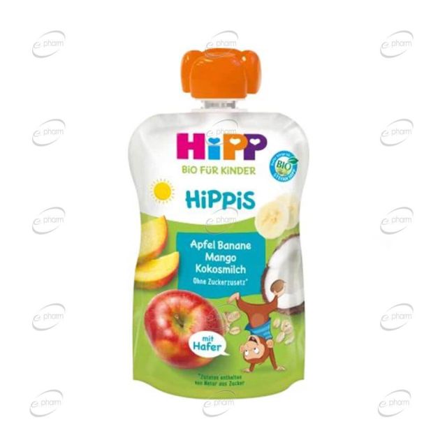HIP HIPPIS PБио плодова закуска с ябълка, банан, манго, кокосово мляко и овес  12+месеца