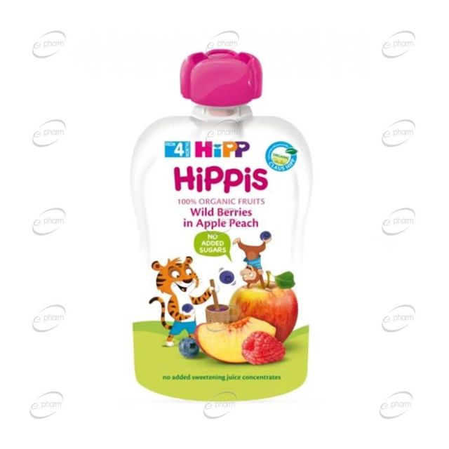 HIPP Hippis Плодова закуска горски плод, ябълка и праскова 4+месеца