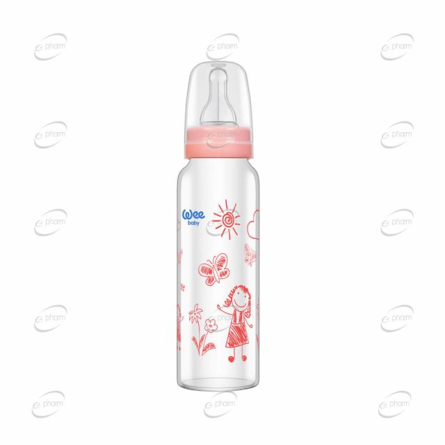 Wee Baby Natural шише стъклено термоустойчиво с прав биберон 240 мл-Розов